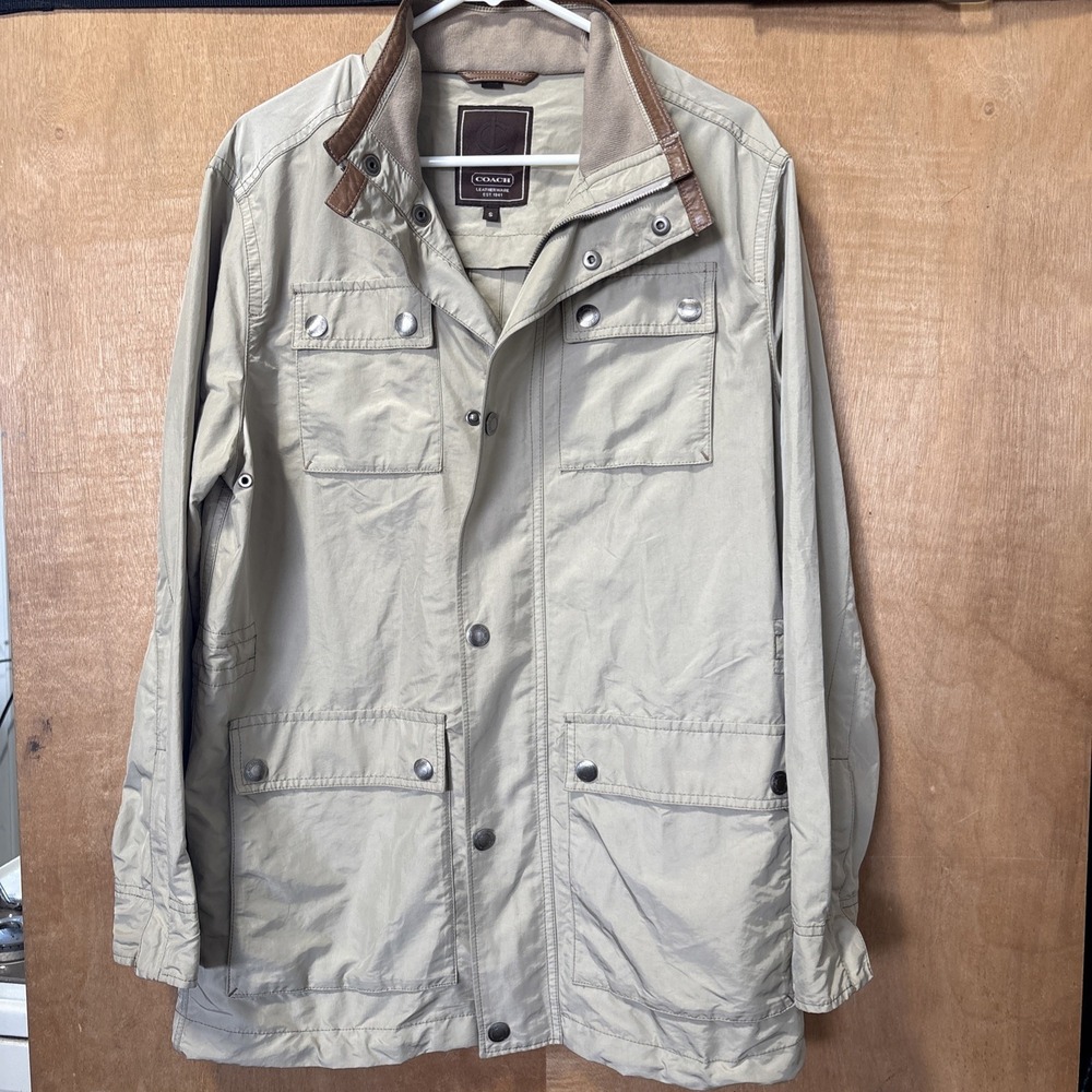 Coach Men's Leather wear Utility Feild Jacket Khaki Leather‎ Collar Trim Small